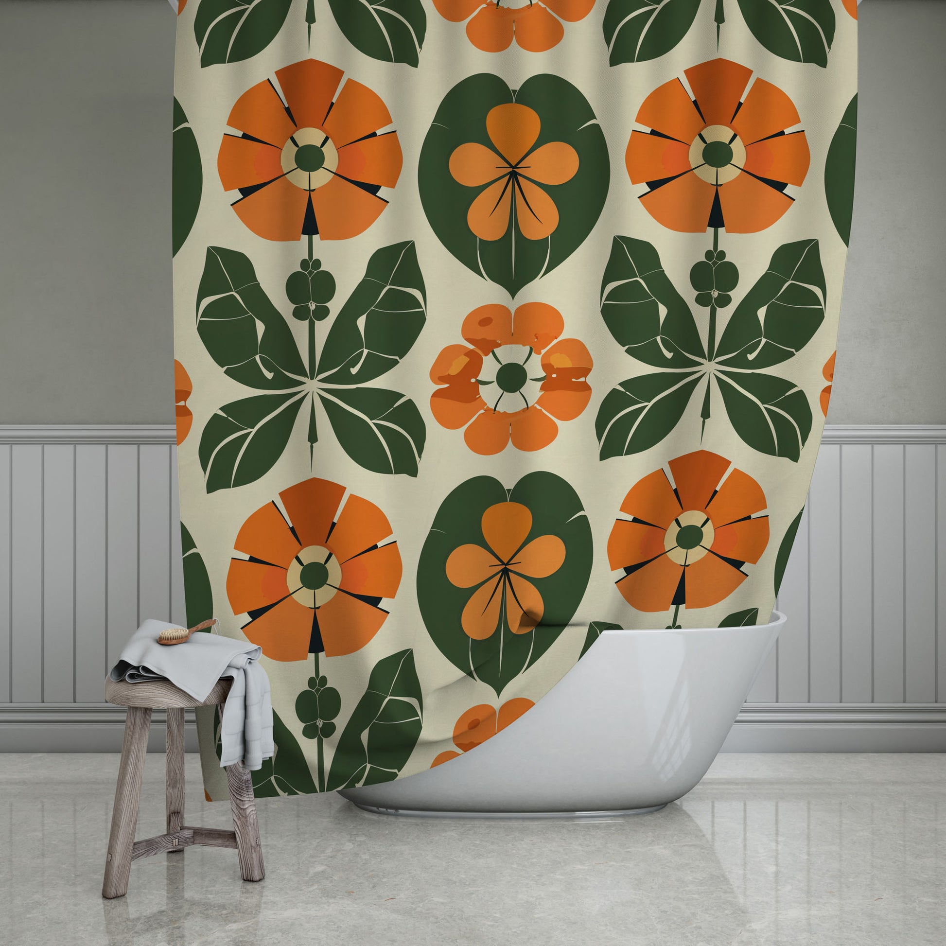 A retro-inspired shower curtain featuring a symmetrical design of bold, geometric floral patterns in shades of orange and green, set against a soft beige background, perfect for a vintage-styled bathroom decor